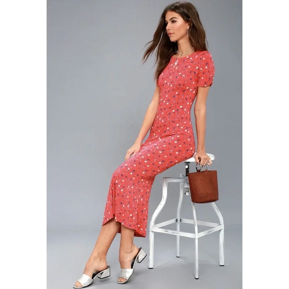 Free People Caroline Floral Midi Dress Women M Coral‎ Preppy Bohemian Peasant